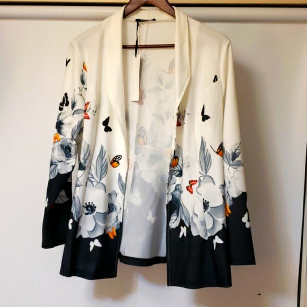Open front, unlined blazer.  Floral and butterfly